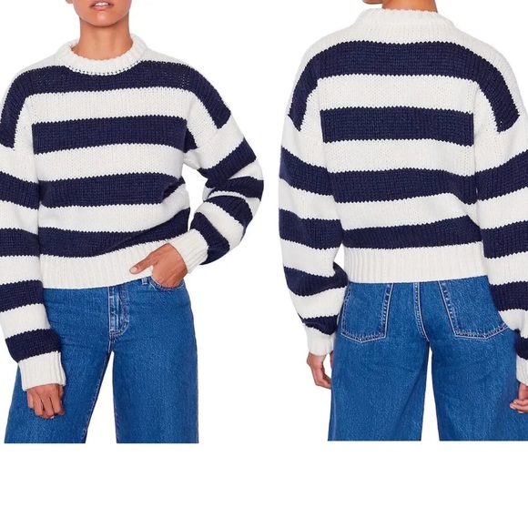 NWT Frame Women's Oversized Navy and Cream Striped Merino Wool Jumper sz S - Picture 2 of 7